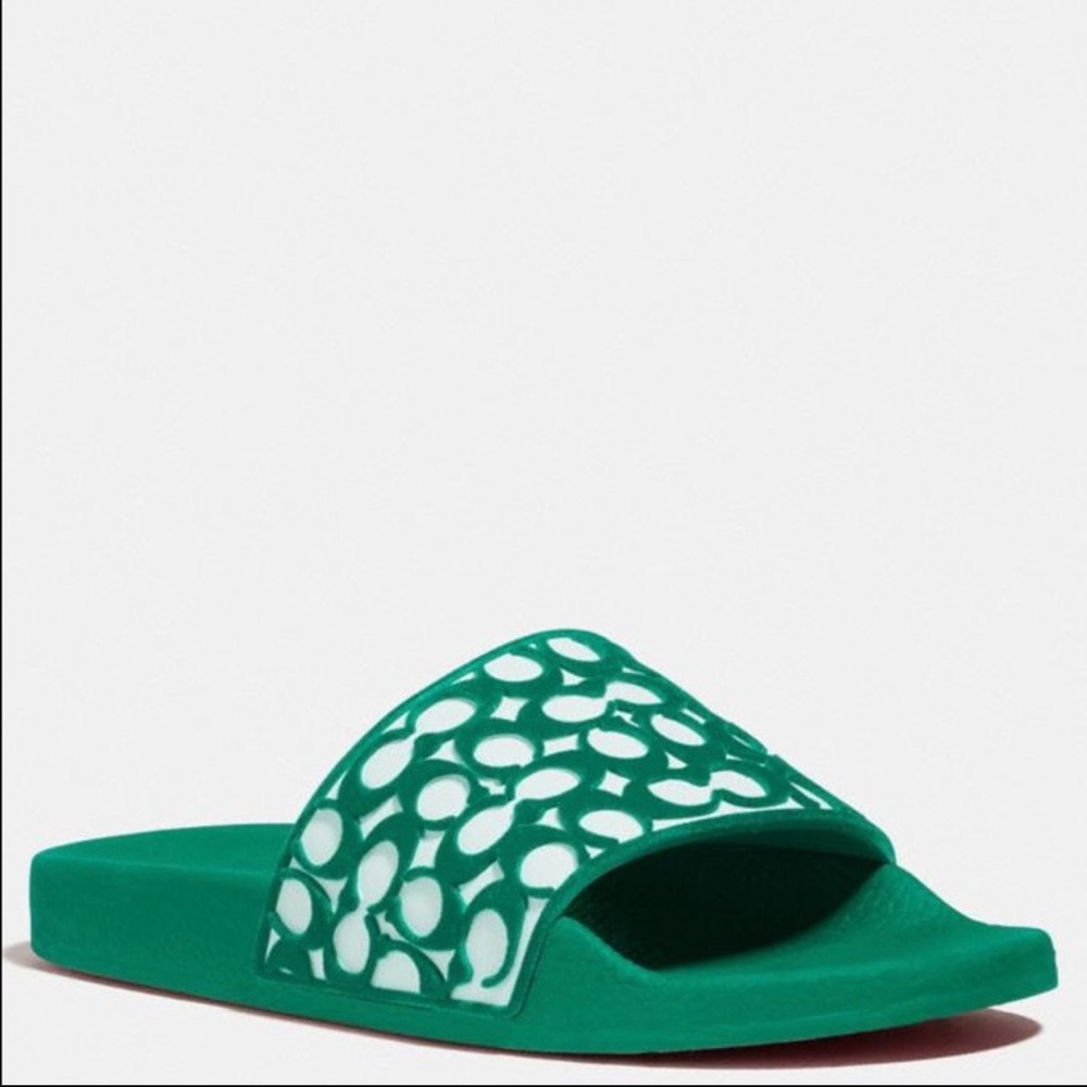 NIB Coach emerald green monogram slides
